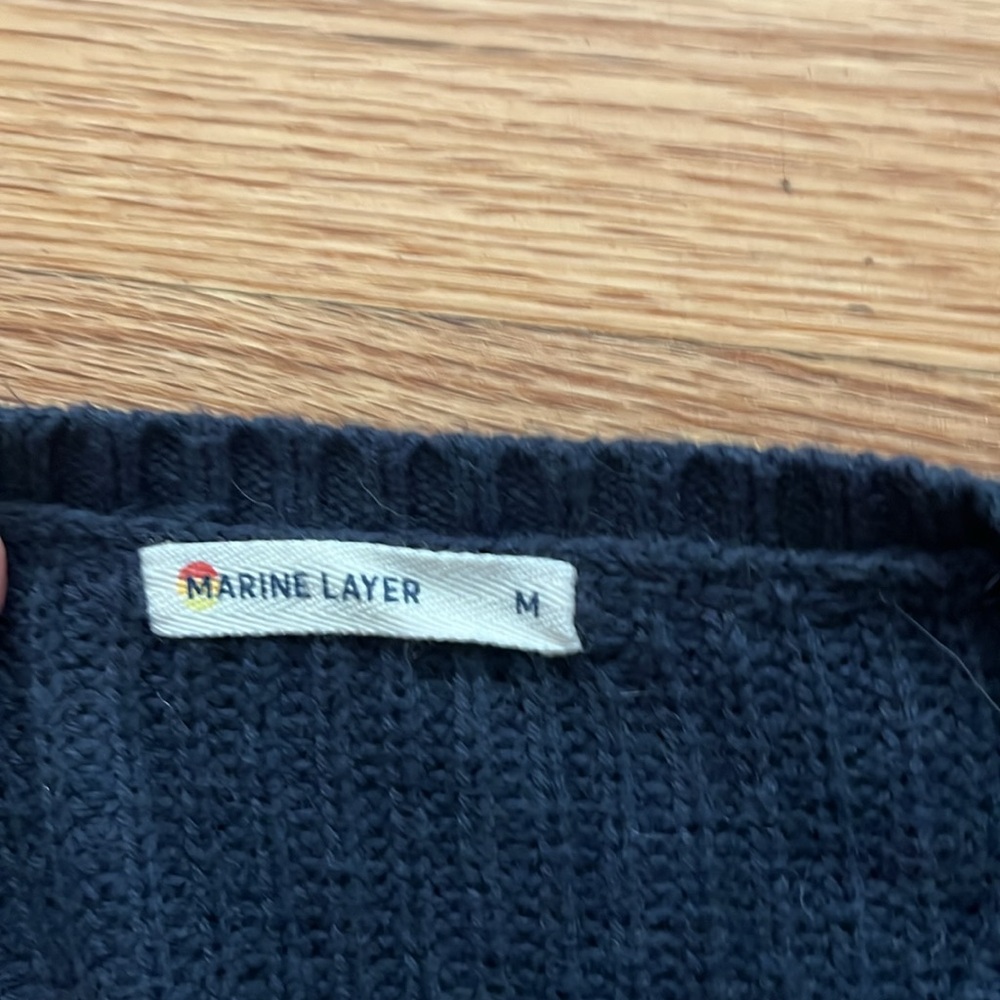 Marine Layer Navy Knit Crewneck Sweater with Pink & Rust Pom Details - Picture 3 of 6